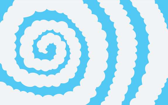 A cartoonish blue sky background with white swirling cloud patterns.