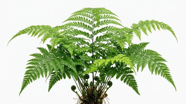Lush green fern plant with vibrant fronds, botanical tropical foliage on white background, fresh indoor houseplant for interior design and nature decor