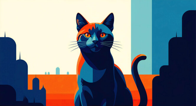Stylized blue and orange cat sitting against a modern urban skyline. Flat design illustration features bold colors and geometric shapes. Modern pet concept for creative branding and digital art.