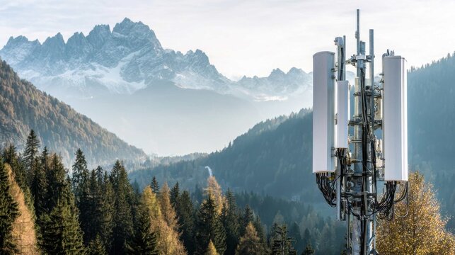 Modern antenna array on a remote mountaintop, connecting a vast mountain and forest landscape to the digital world.