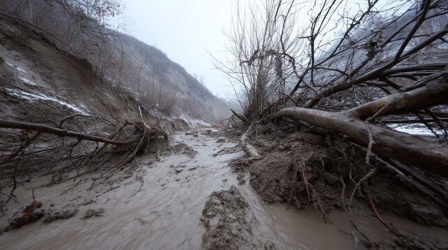 Thick viscous mudflow stream with debris and earth flowing down a barren hillside, representing natural disaster forces.