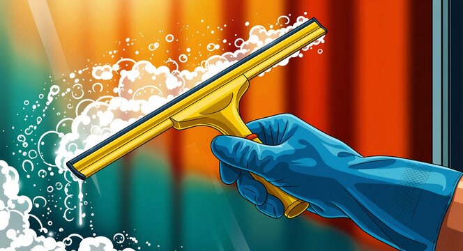 Hand in blue glove cleaning glass with a yellow squeegee. White soapy foam covers the window surface. Cleaning service concept ideal for home maintenance and hygiene marketing campaigns.