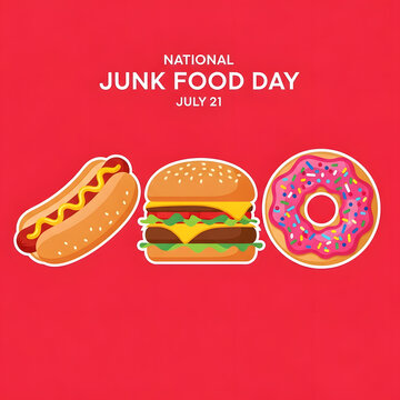 National Junk Food Day graphic with hot dog, burger, and donut