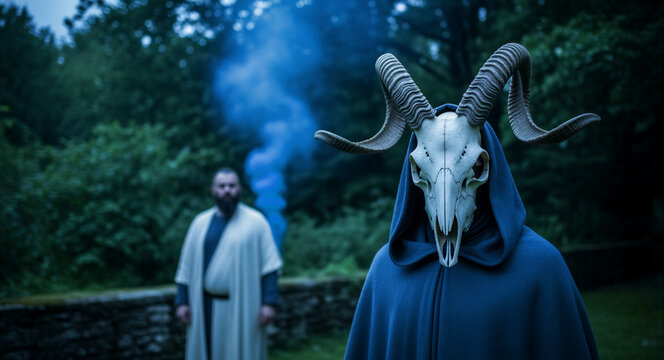 Person wearing horned animal skull mask and blue cloak in a dark forest. Shamanic ritual with smoke and a man in background. Occult theme for horror covers and dark fantasy storytelling.