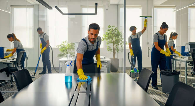 Professional cleaning crew sanitizing a modern office workspace. Diverse team of janitors in blue uniforms wiping desks and vacuuming. Commercial facility management and hygiene service concept.