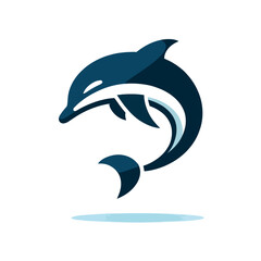 Fototapeta premium A stylized dark blue and light blue dolphin jumping, depicted as a modern graphic logo with a clean and fluid design.