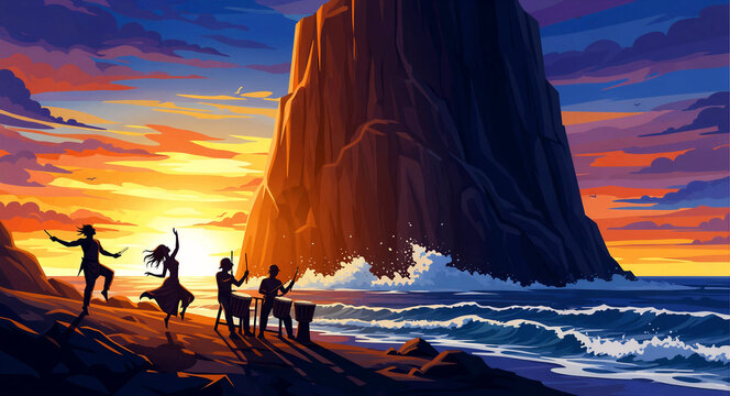 Silhouetted musicians and dancers perform on a beach at sunset. Drummers celebrate by a massive ocean cliff with crashing waves. Cultural ritual concept, perfect for travel and music marketing.