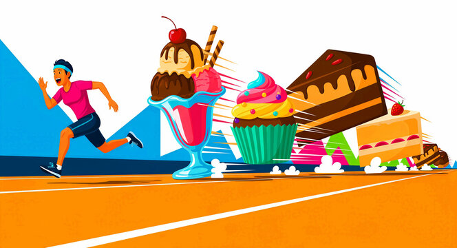 Woman athlete running away from giant desserts on a track. Vibrant vector illustration depicting the struggle between fitness and sugar. Diet willpower and weight loss marketing concept.