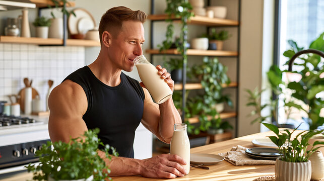 Muscular athlete drinking healthy protein shake from glass bottle in modern kitchen interior