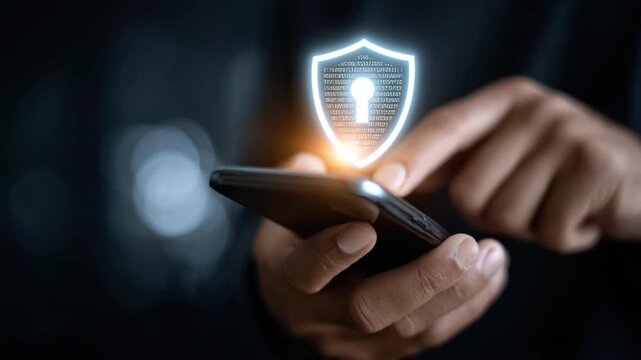 Digital Fortress: A close-up shot of an individual's hands expertly navigating a smart device, overlaid with a glowing digital shield, symbolizing robust security.