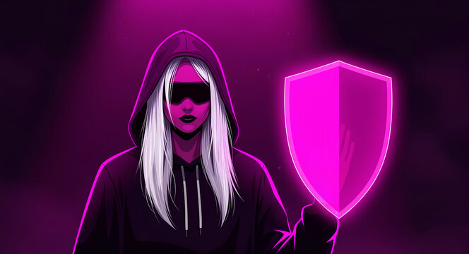 Cyberpunk woman in a hoodie holding a glowing digital shield. Hacker character protecting data with a neon pink energy barrier. Cybersecurity concept for tech defense and online privacy marketing.
