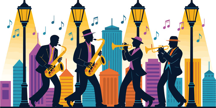 Jazz musicians including 4 performers playing saxophone and trumpet on city street vector