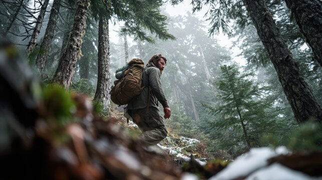 a rugged outdoorsman moving through a cold alpine forest, worn gear and heavy pack, natural candid movement, unshaven, wind-worn face, snow patches on forest floor, dense evergreen trees, subtle mist 