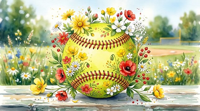 A vibrant softball adorned with colorful flowers on a rustic wooden fence in a lush green field with trees