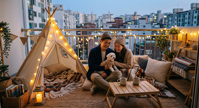 아파트 베란다에 텐트를 치고 강아지와 함께 홈캠핑을 즐기는 다정한 커플 (Korean Couple Home Camping with Dog)