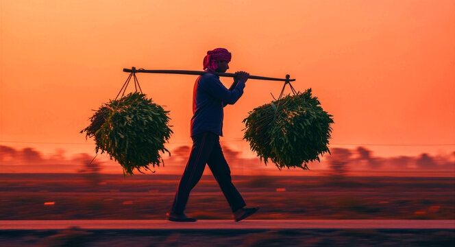Indian farmer carrying green fodder on a yoke at sunrise. Agricultural worker walking through rural fields during golden hour. Traditional farming lifestyle concept for labor and heritage themes.
