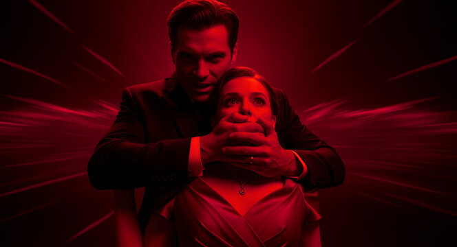 Man in a suit covering a woman's mouth from behind in dramatic red lighting. The hostage looks terrified while the attacker looms over her. Dramatic thriller concept for movie posters and crime.