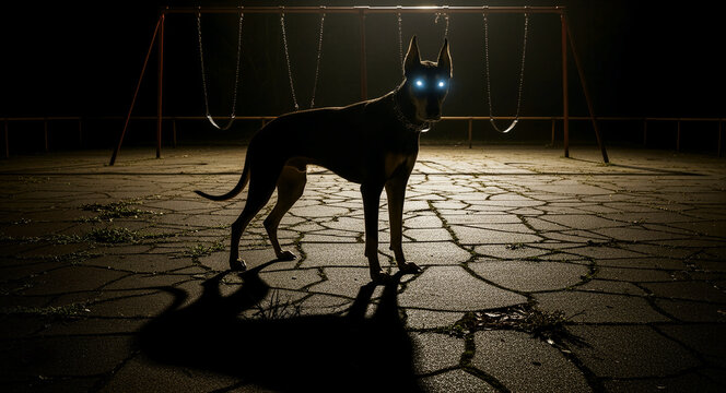 Doberman with glowing blue eyes stands in a dark playground at night. Silhouette of a guard dog backlit against empty swings. Supernatural horror concept ideal for thriller or security marketing.