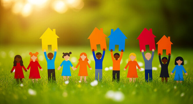 Diverse paper people holding colorful paper houses standing in a row on green grass. Symbolic representation of community housing. Ideal for real estate marketing and social inclusion themes.