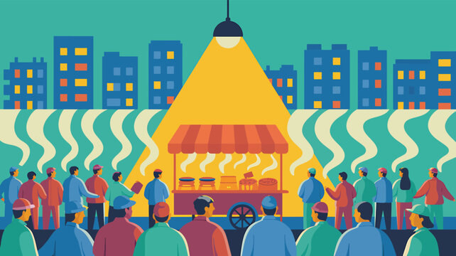 Street food stall with 1 customers queue in city at night in flat vector illustration