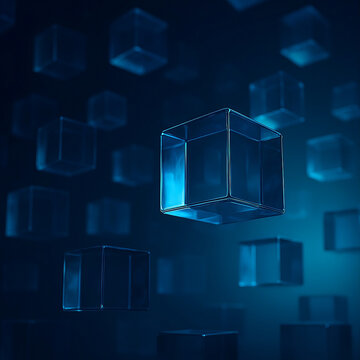 Cubos de vidro azul transl&uacute;cido flutuando em espa&ccedil;o digital escuro, conceito de tecnologia de dados e blockchain.