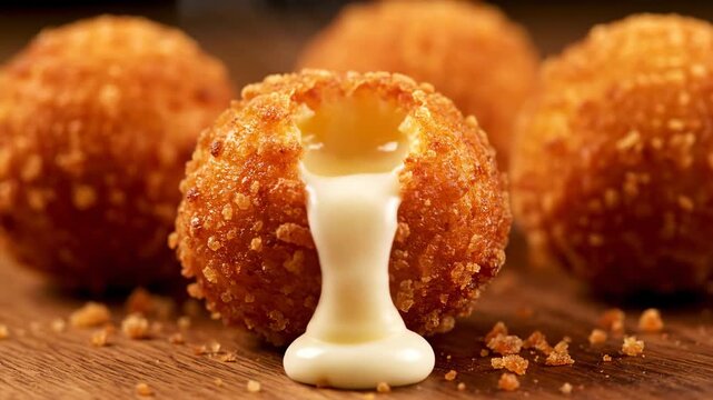 Close-up macro shot of creamy white sauce being poured into a golden-brown crispy fried croquette or snack ball. delicious appetizer finger food.