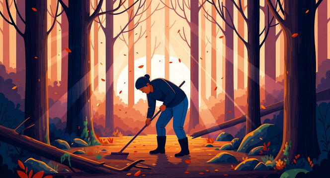 Woman raking fallen leaves in a sunlit autumn forest. Stylized illustration of seasonal yard work with warm sunset rays through trees. Gardening and fall cleanup concept.