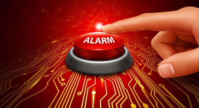 Hand pressing a red alarm button on a digital circuit board background. Vibrant red colors and glowing sparks emphasize immediate action. Ideal for cybersecurity and emergency safety marketing.