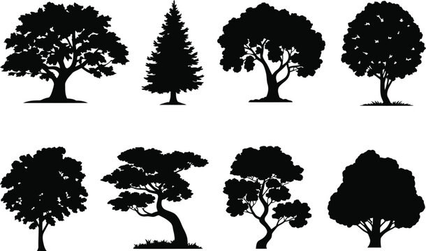 Eight black tree silhouettes various shapes and sizes