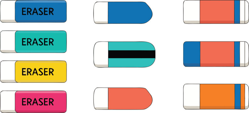 Colorful school eraser vector collection featuring various flat design rubber stationery tools in blue, pink, and yellow for classroom, office, and creative art student illustrations
