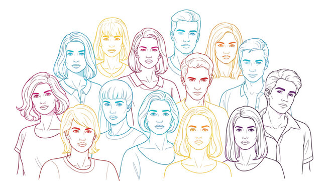 Diverse people faces, colorful illustrations, human portraits, vector graphics