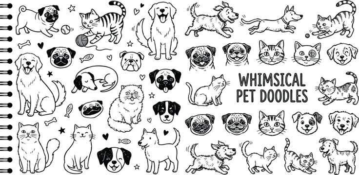 Hand drawn doodle set of cute dogs and cats in black and white sketch style