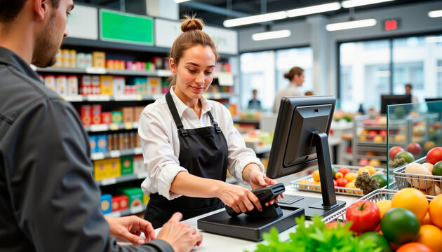 Cashier processing payment at grocery store amidst fresh produce  