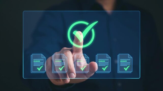 Business project progress workflow checklist task tracking completion concept with hand finger pointing on digital screen showing check mark and document icons for task completion and tracking