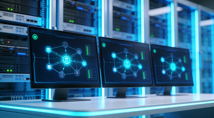 Fototapeta premium Enterprise observability and platform resilience workspace inside a pristine server room with three topology monitors, built for outage prevention, infrastructure diagnostics and service continuity