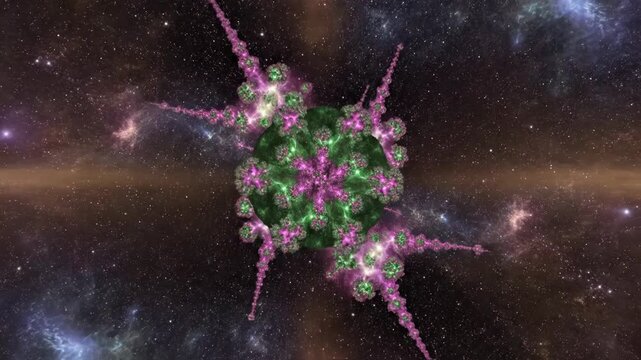A vibrant, abstract fractal structure glows against a backdrop of distant stars and nebulous cosmic dust, creating a mesmerizing display of color and complexity.