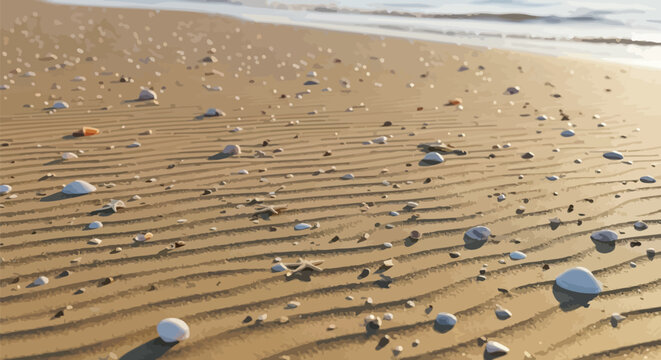 serene beach scene with rippled sand and scattered pebbles