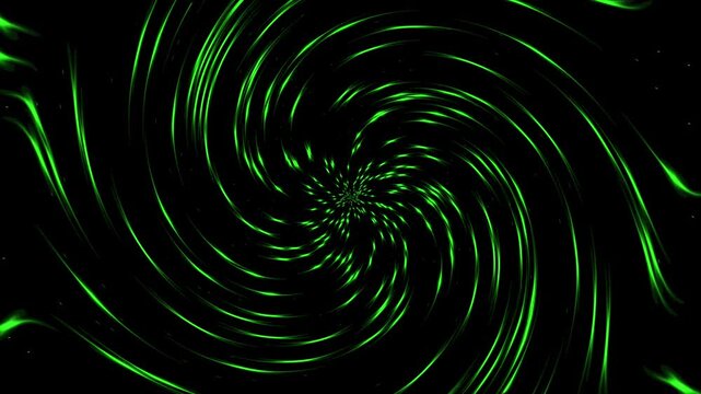 Green glowing light particles and energy trails spiraling animation
