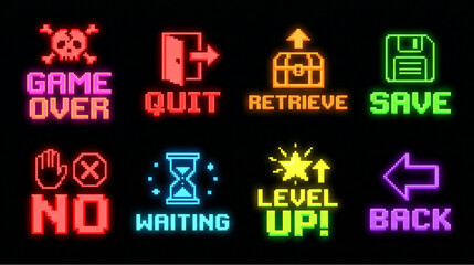 Obraz premium Retro Neon Pixel Art Game UI Interface Icons Glow Effect