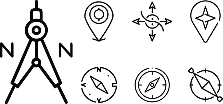 Compass North Direction Icons Set, Navigation Arrow and Map Pointer Vector Collection