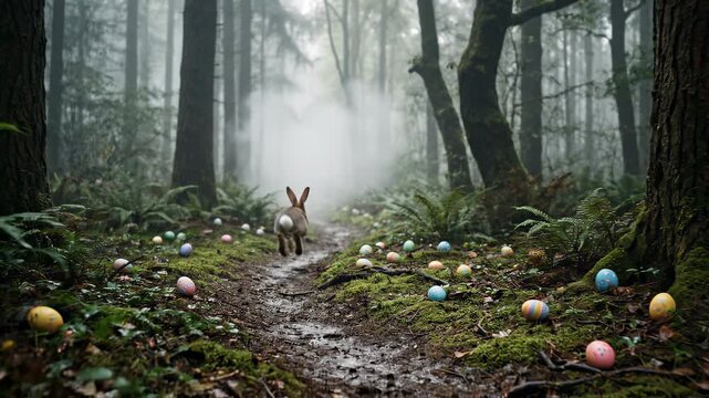 Mysterious Easter Bunny in a Foggy Forest with Colorful Eggs.