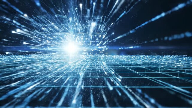 A futuristic abstract visualization depicts a glowing grid network with dynamic light trails converging towards a central point, suggesting data flow and technological advancement.