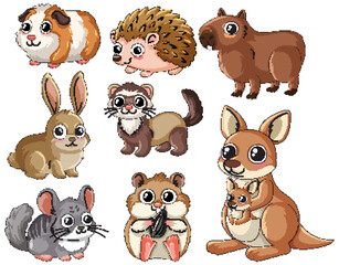 Fototapeta premium Collection of Cute Cartoon Animals Including Rabbit Hedgehog and Kangaroo
