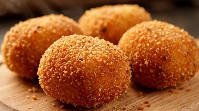 Close-up of four freshly deep-fried crispy arancini rice balls coated in golden breadcrumbs, resting on a rustic wooden serving board.