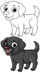 Naklejka premium Vector illustration of a black labrador puppy alongside a black and white coloring page