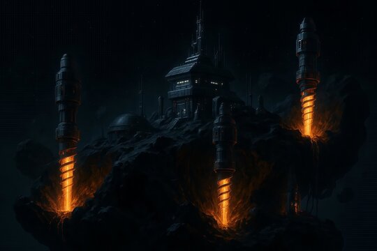 Futuristic mining base on a dark, rocky asteroid with glowing drills