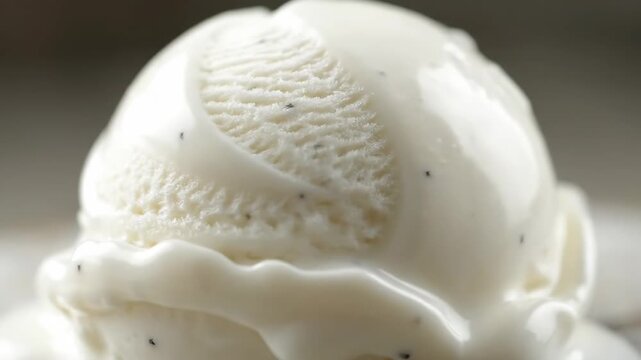 Extreme close-up of a melting scoop of rich vanilla bean ice cream dessert, highlighting creamy texture and vanilla specks