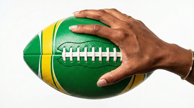 Close up of a hand holding a green and yellow striped American football, symbolizing sport and championship aspirations for 2026