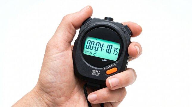 Hand holding a digital stopwatch displaying 00 04 18.75 with split 2 lap time, perfect for sports timing and athletic events in 2026