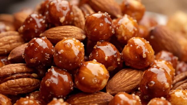 Macro shot of gourmet caramelized mixed nuts. appetizing close-up texture of sweet and sticky candied pecans, almonds, and hazelnuts covered in glossy honey glaze and coarse salt.